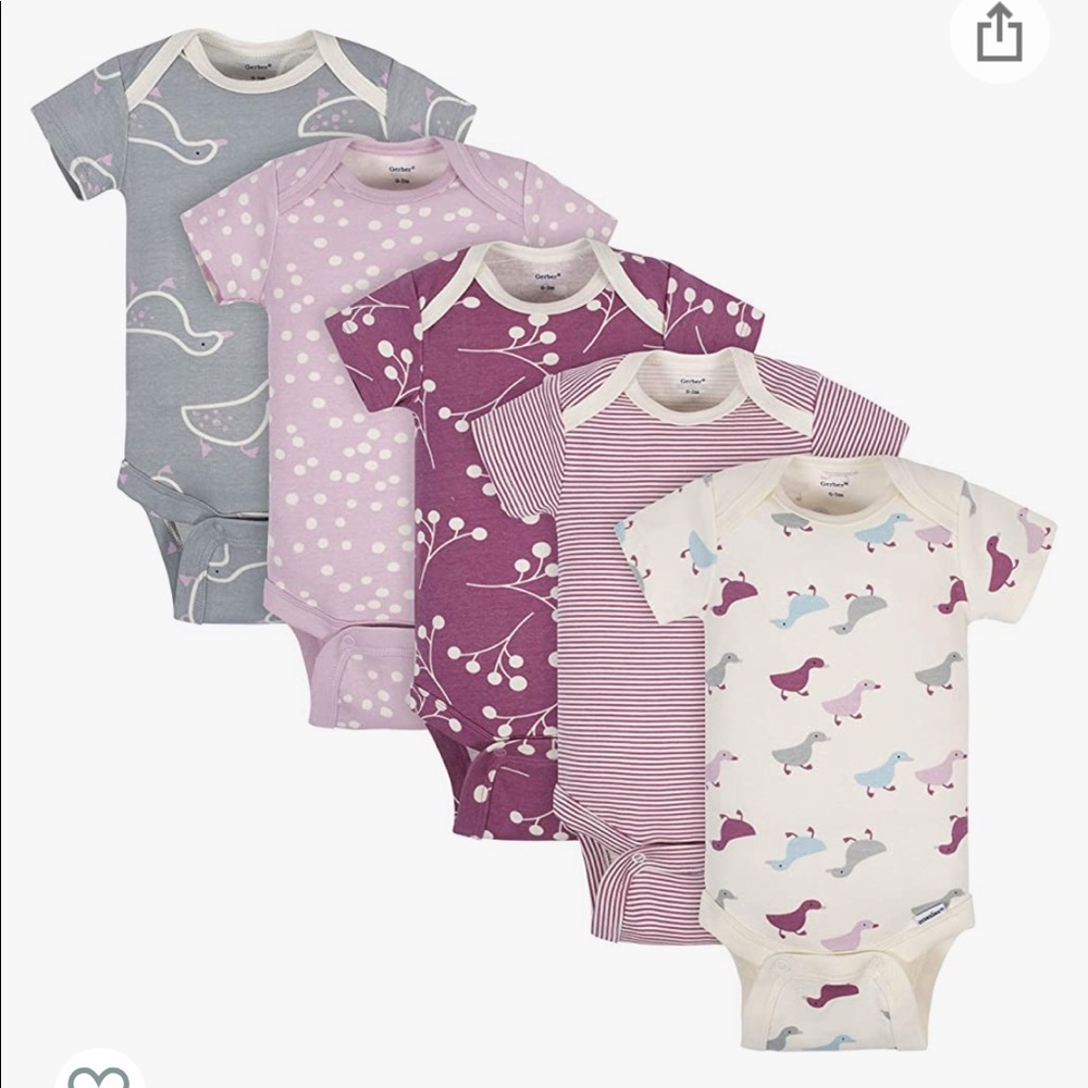 Gerber baby, organic cotton 5 pack short sleeve onesies in purple, gray & white